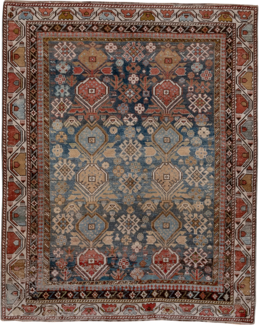 4' x 4' one-of-a-kind handmade vintage Shirvan small size rug. Color palette: black, blue, brown, charcoal, gray, light gray