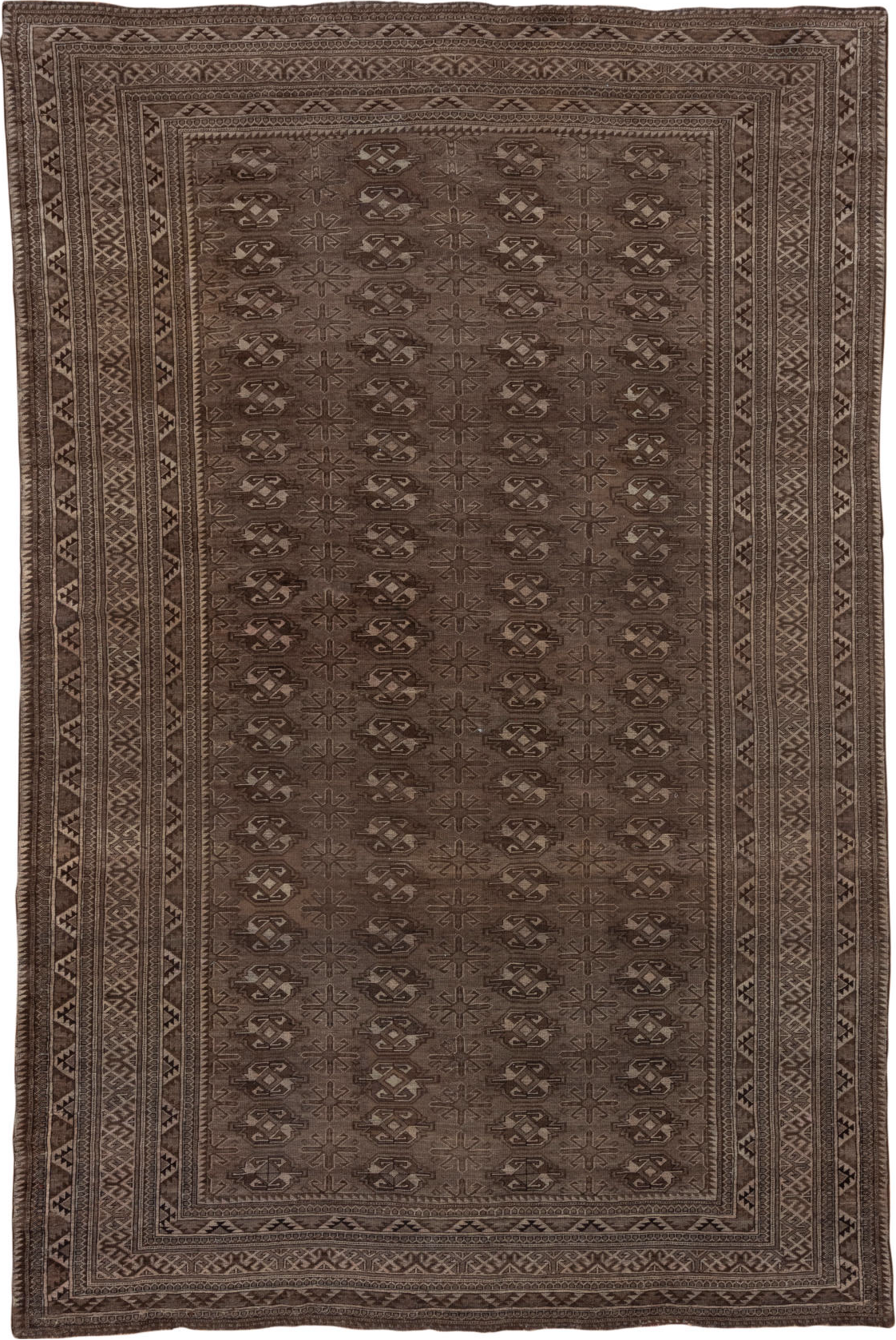 8' x 12' one-of-a-kind handmade vintage Afghan large size rug. Color palette: brown, gray