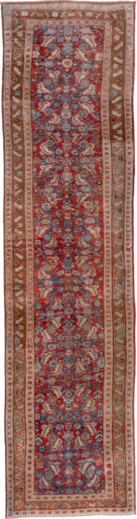 3' x 13' one-of-a-kind handmade vintage Bidjar runner rug. Color palette: gray, brown, red, pink, blue