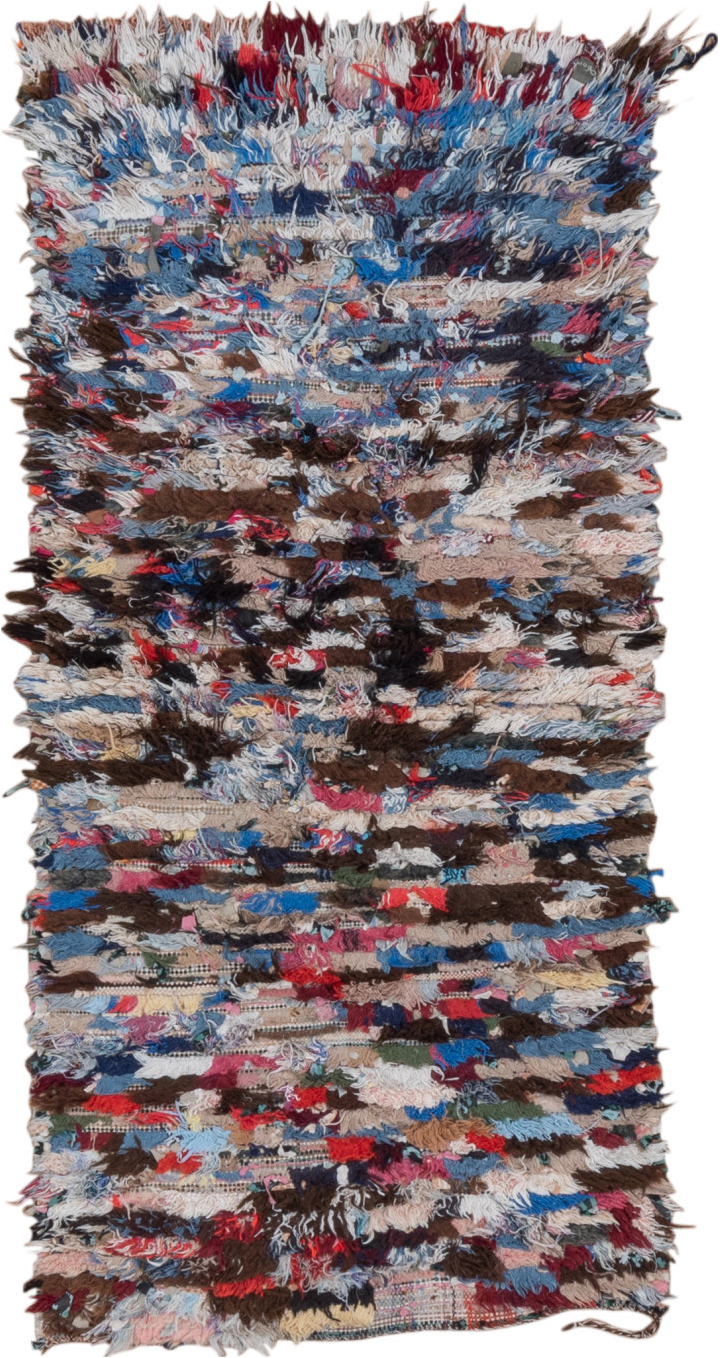 2' x 6' one-of-a-kind handmade vintage Rag Rug runner rug. Color palette: blue, brown, gray, light blue, light gray