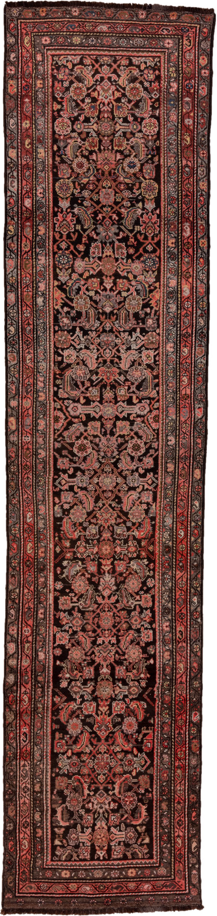 3' x 15' one-of-a-kind handmade vintage Malayer runner rug. Color palette: brown, gray, pink, red