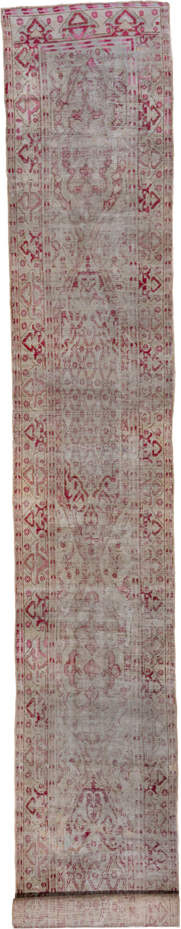 3' x 22' one-of-a-kind handmade vintage Oushak runner rug. Color palette: brown, gray, pink, red, light gray, off-white