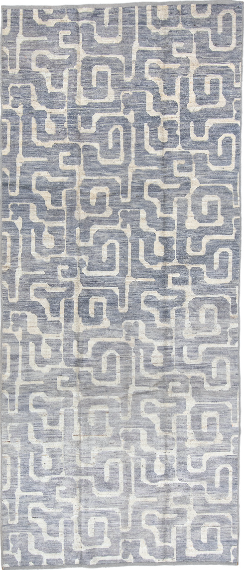 4' x 9' one-of-a-kind handmade vintage Tulu runner rug. Color palette: black, dark gray, dim gray, gainsboro, gray