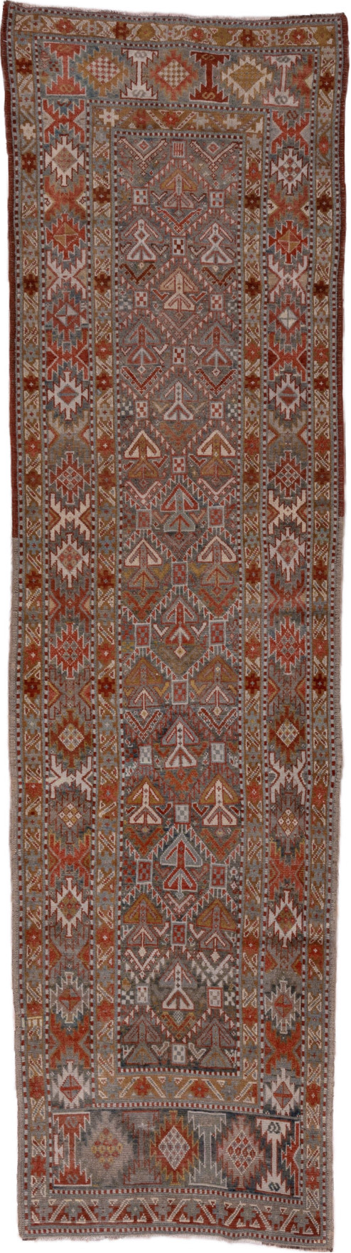 3' x 12' one-of-a-kind handmade vintage NW Persian runner rug. Color palette: black, brown, gray, pink, red