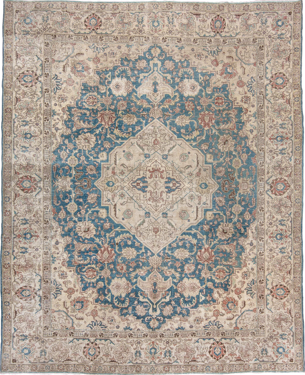 10' x 12' one-of-a-kind handmade vintage Tabriz large size rug. Color palette: gray, blue, off-white, brown, light blue