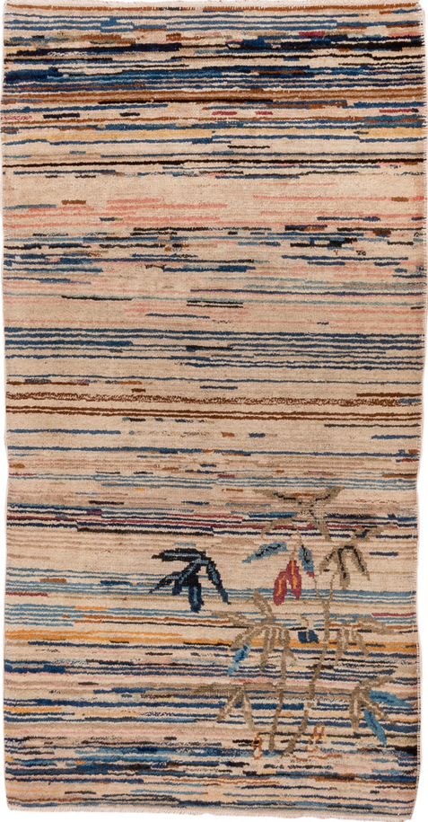 2' x 4' one-of-a-kind handmade vintage Chinese small size rug. Color palette: brown, gray, blue, fiord