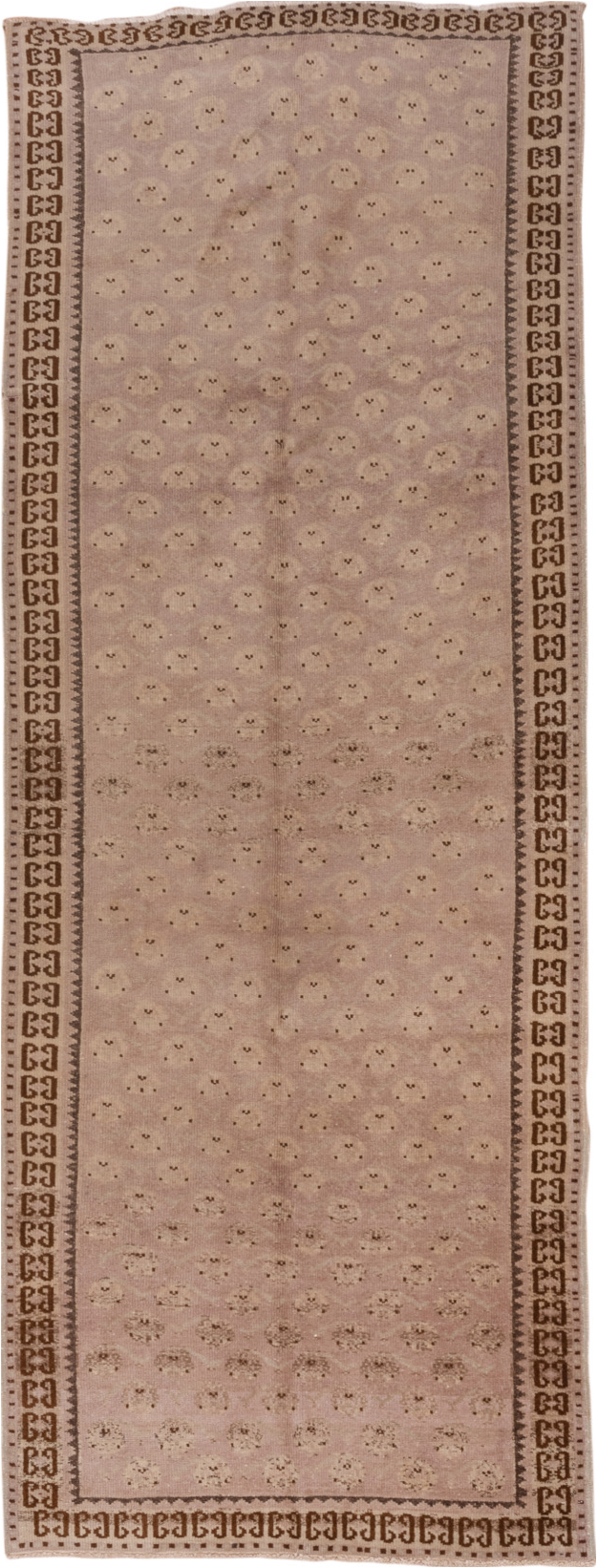 4' x 10' one-of-a-kind handmade vintage Oushak runner rug. Color palette: brown, gray, light gray, off-white, pink, snow