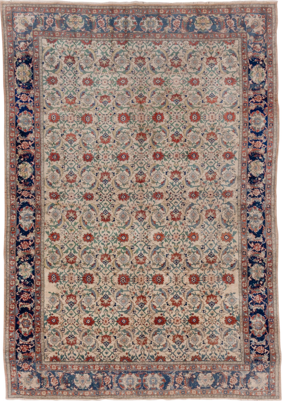 6' x 9' one-of-a-kind handmade vintage Sivas medium size rug. Color palette: blue, brown, fiord, gray, light gray, pink, red
