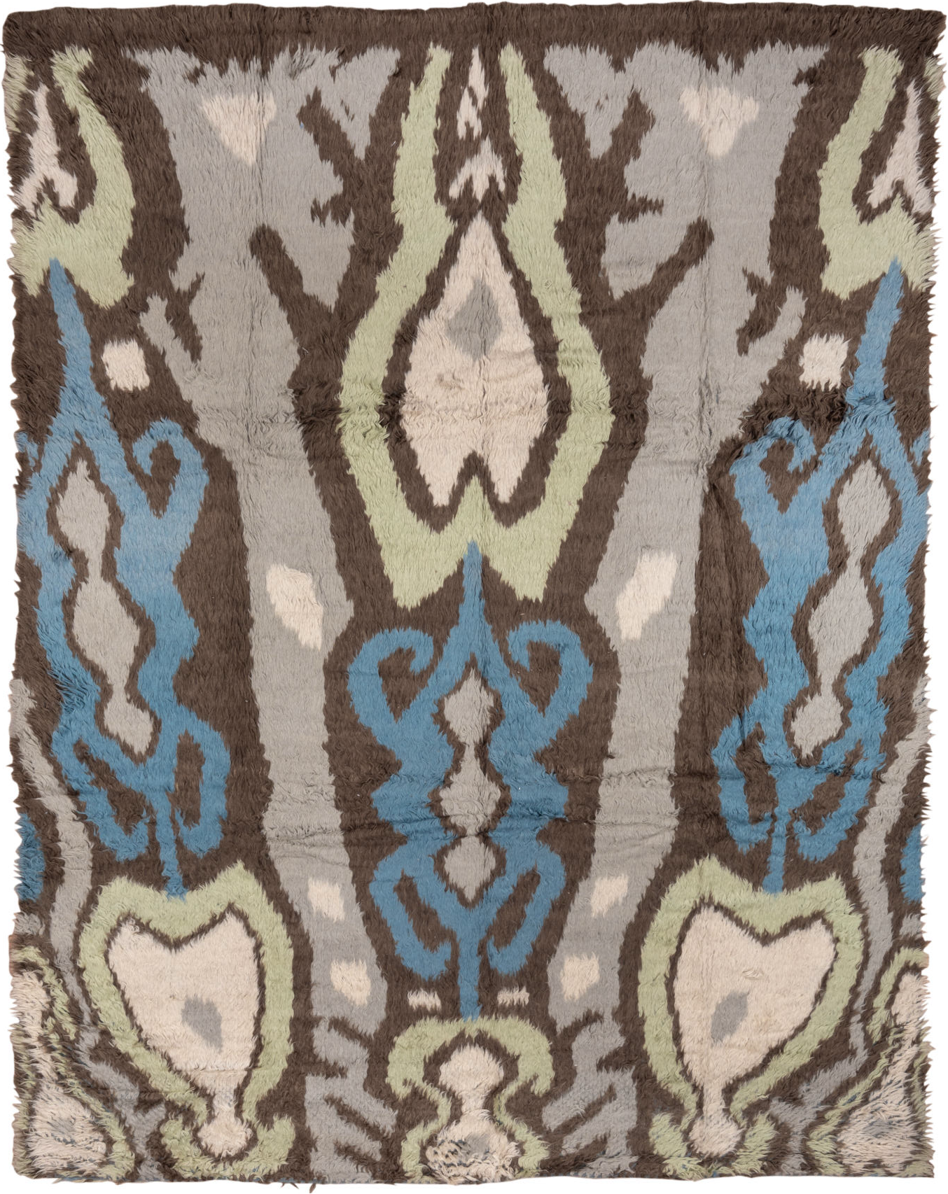 10' x 12' one-of-a-kind handmade vintage Tulu large size rug. Color palette: blue, brown, dim gray, gray, light gray