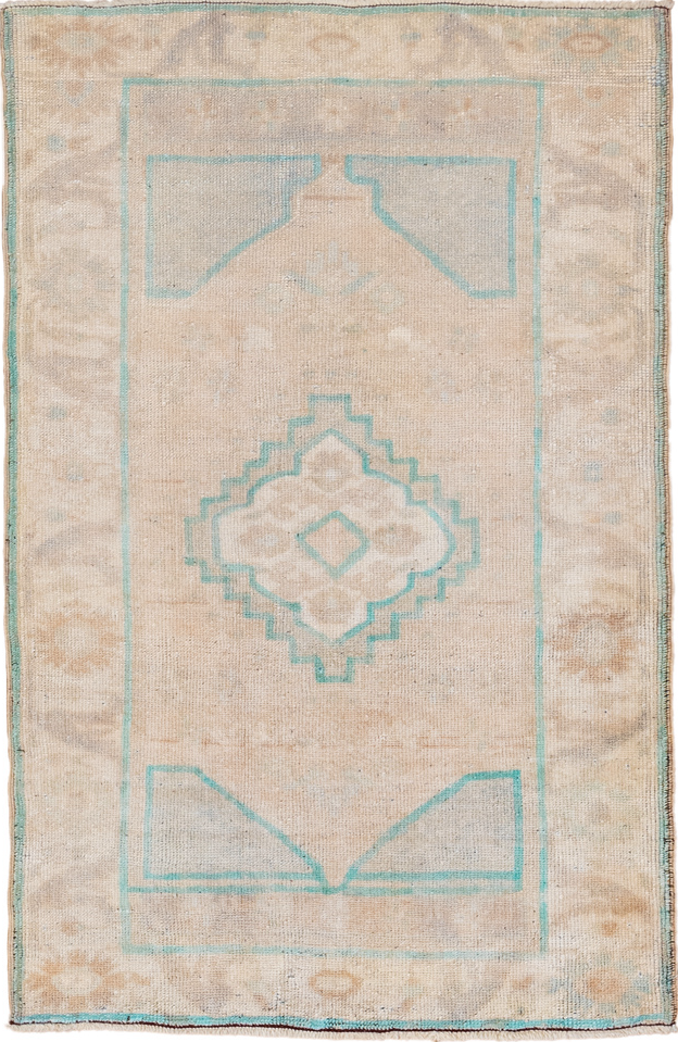 2' x 4' one-of-a-kind handmade vintage Oushak small size rug. Color palette: gray, light gray, off-white, pink, blue, brown