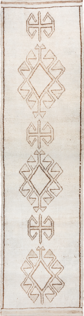 3' x 11' one-of-a-kind handmade vintage Kars runner rug. Color palette: brown, off-white, gray, light gray, pink, linen