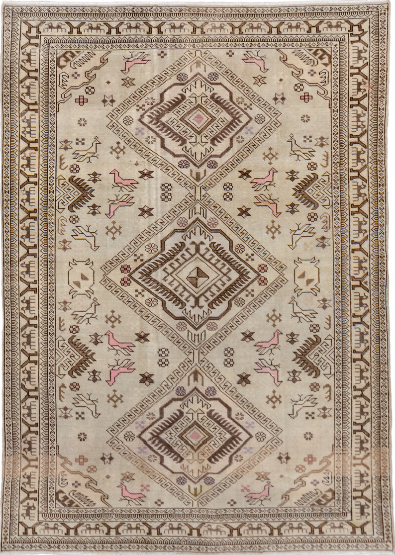 4' x 6' one-of-a-kind handmade vintage  small size rug. Color palette: gray, brown, light gray, off-white, pink, orange