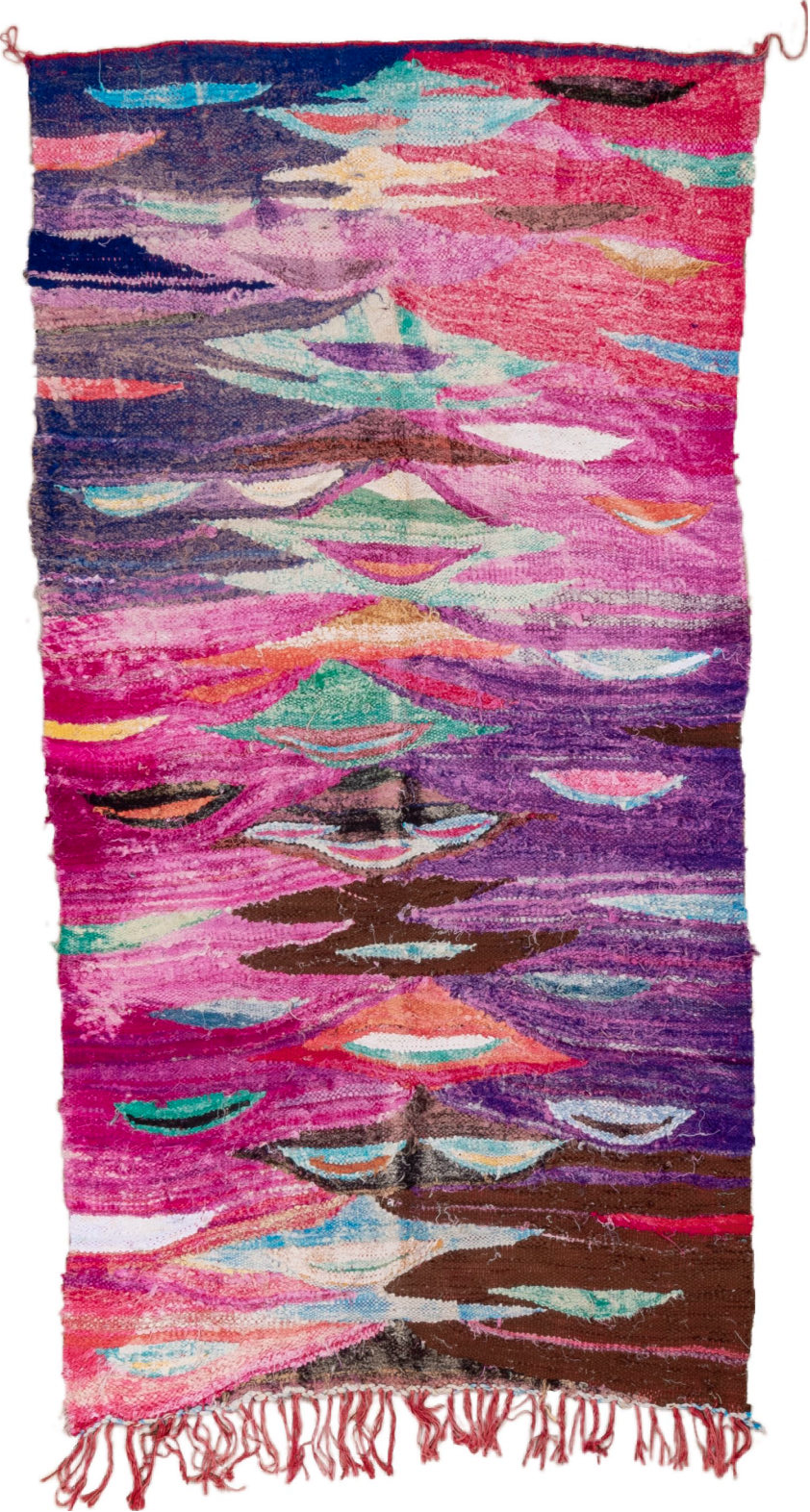 4' x 7' one-of-a-kind handmade vintage Rag Rug rug. Color palette: blue, brown, gray, green, light gray, off-white, pink