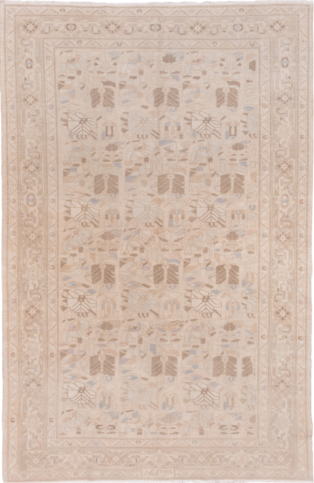 6' x 9' one-of-a-kind handmade vintage Oushak medium size rug. Color palette: brown, gray, light gray, off-white, orange