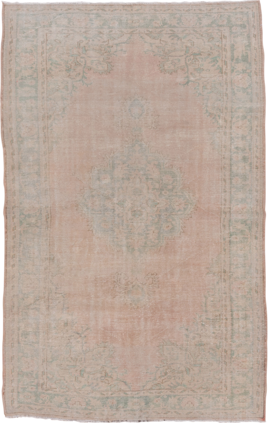 5' x 9' one-of-a-kind handmade vintage Sparta medium size rug. Color palette: brown, gray, light gray, off-white, pink, snow