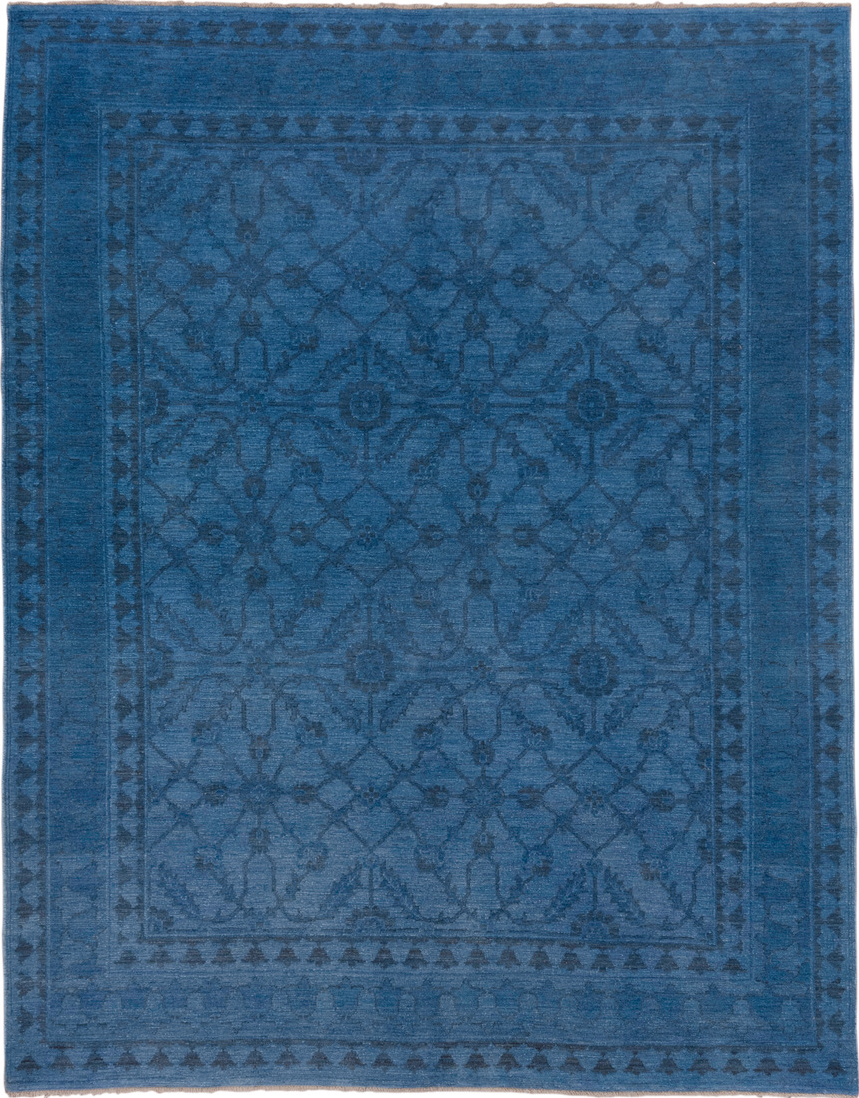 7' x 10' one-of-a-kind handmade vintage Overdyed large size rug. Color palette: blue, gray, arapawa