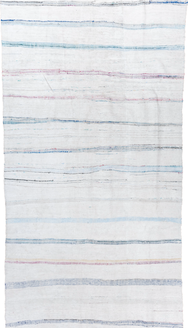 5' x 10' one-of-a-kind handmade vintage Rag Rug medium size rug. Color palette: light gray, off-white, gray, blue