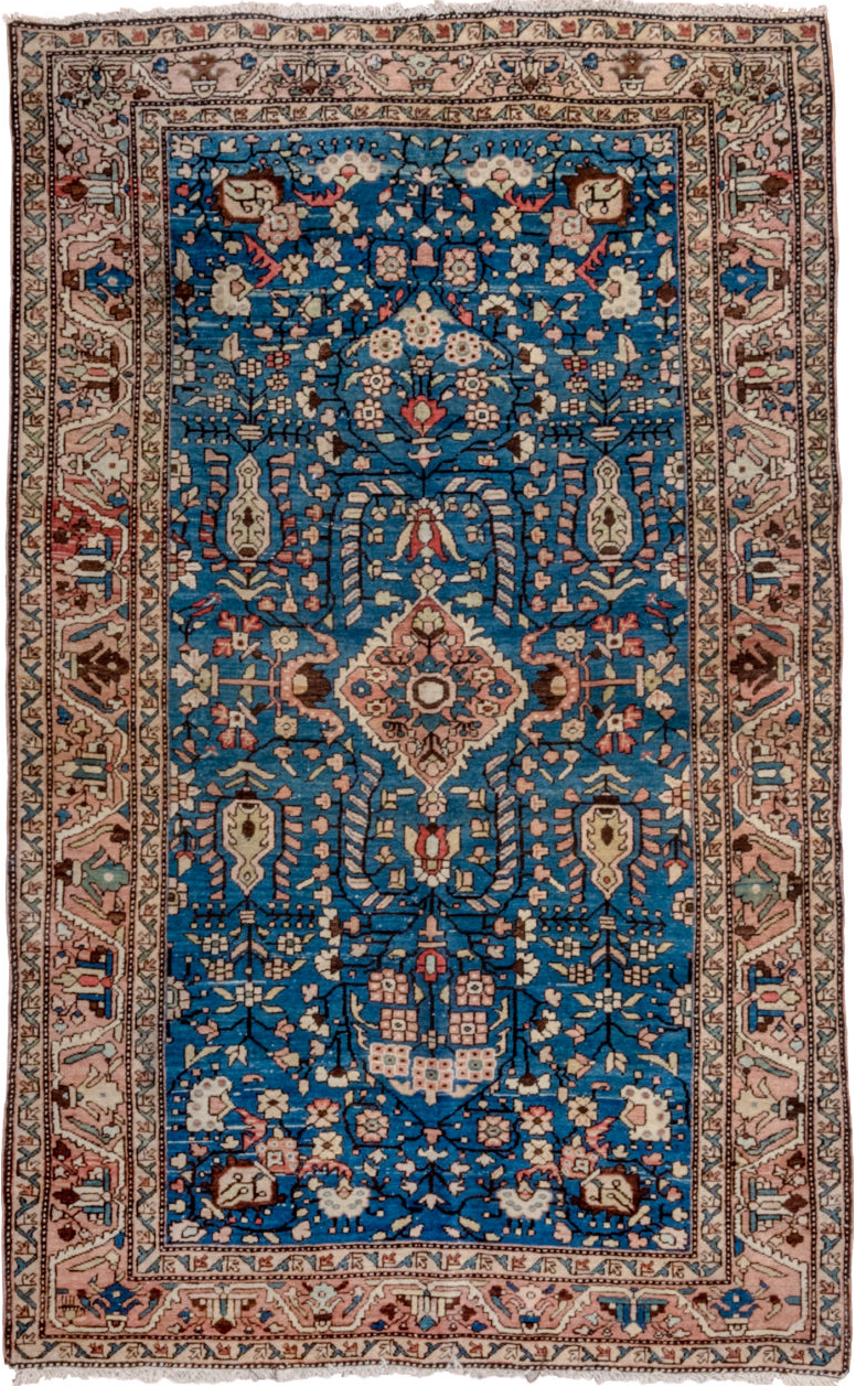 4' x 6' one-of-a-kind handmade vintage Sarouk small size rug. Color palette: arapawa, black, blue, brown, gray, pink