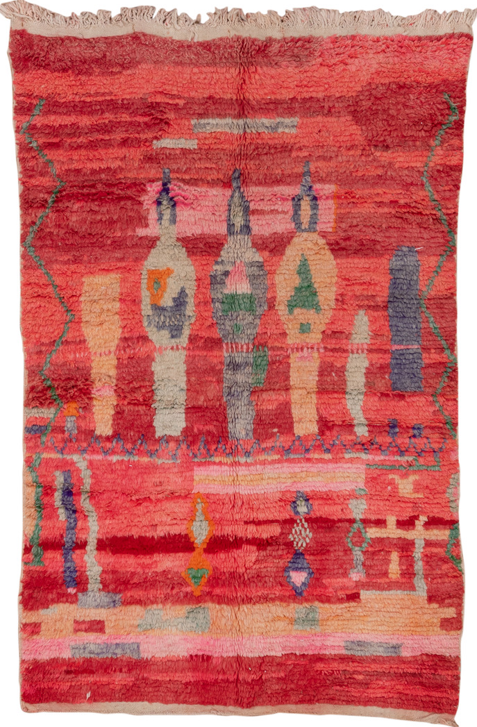 5' x 7' one-of-a-kind handmade vintage Moroccan rug. Color palette: red, brown, pink, gray, indian red