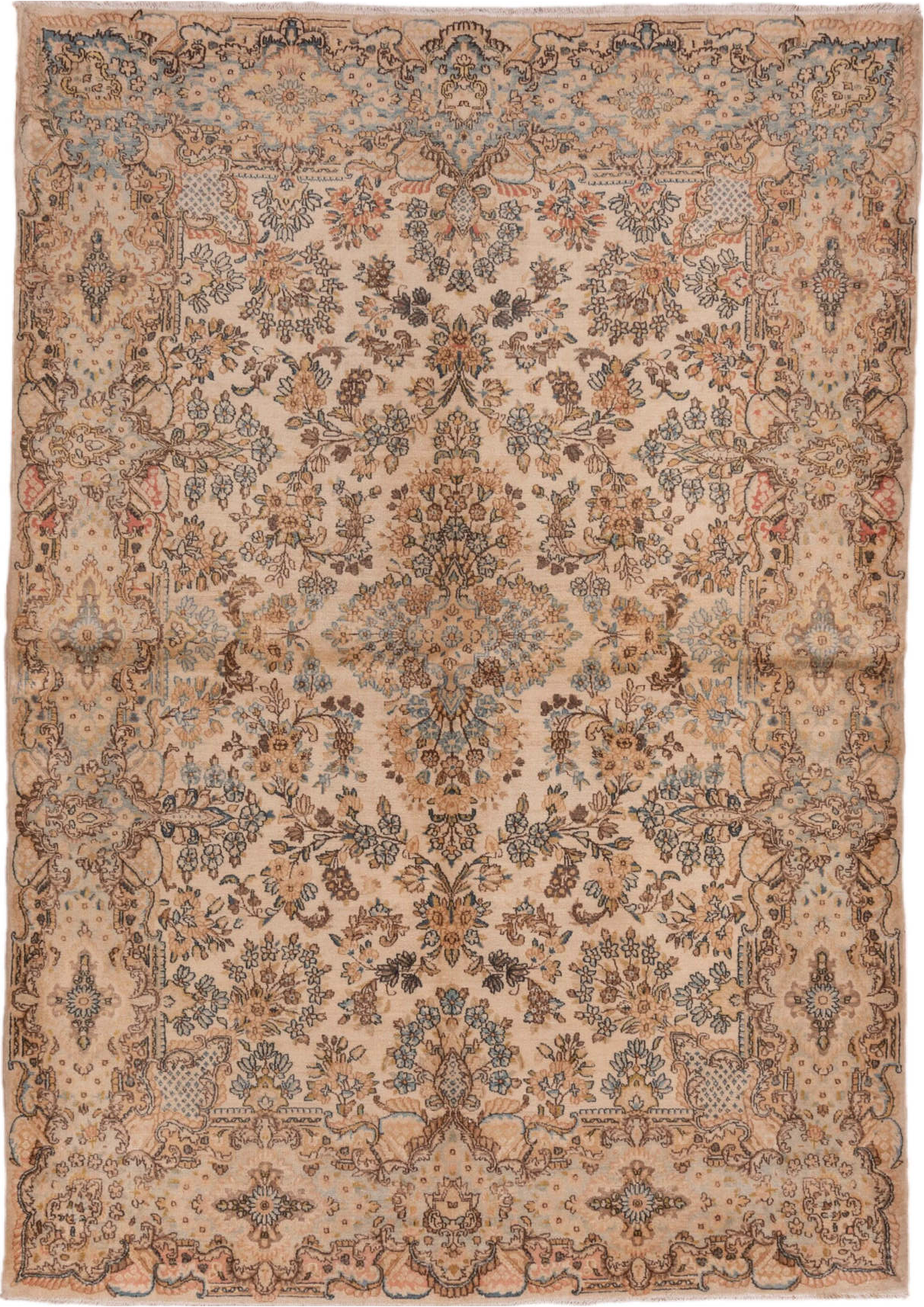 6' x 8' one-of-a-kind handmade vintage Kerman medium size rug. Color palette: brown, gray, pink, tan
