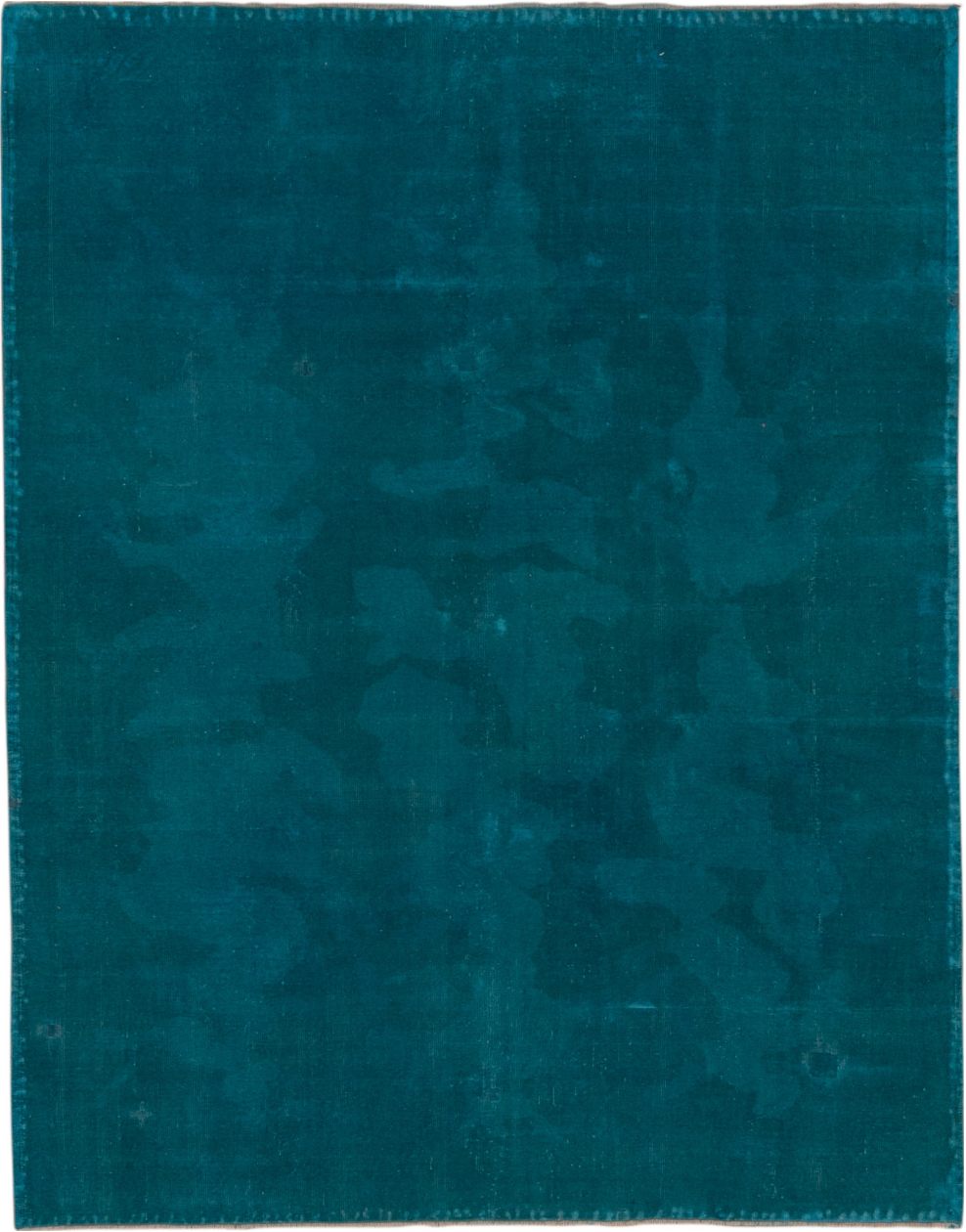 5' x 6' one-of-a-kind handmade vintage Overdyed rug. Color palette: blue, dark gray, gray, green, light gray, off-white