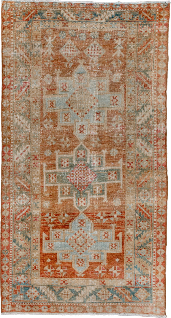 3' x 5' one-of-a-kind handmade vintage Heriz small size rug. Color palette: gray, light gray, brown, off-white, red
