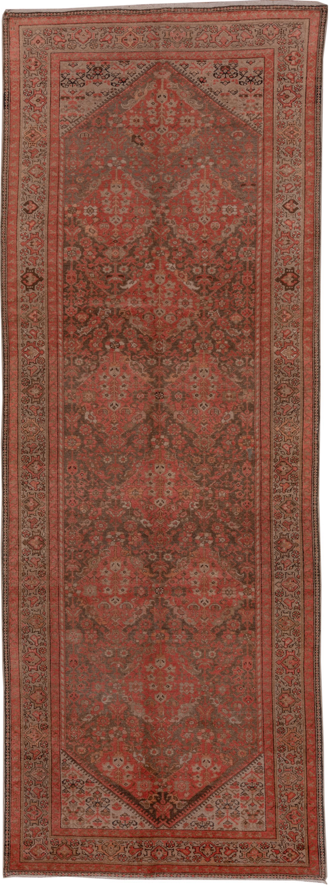 5' x 13' one-of-a-kind handmade vintage Malayer rug. Color palette: brown, gray, off-white, pink, snow, white, whitesmoke