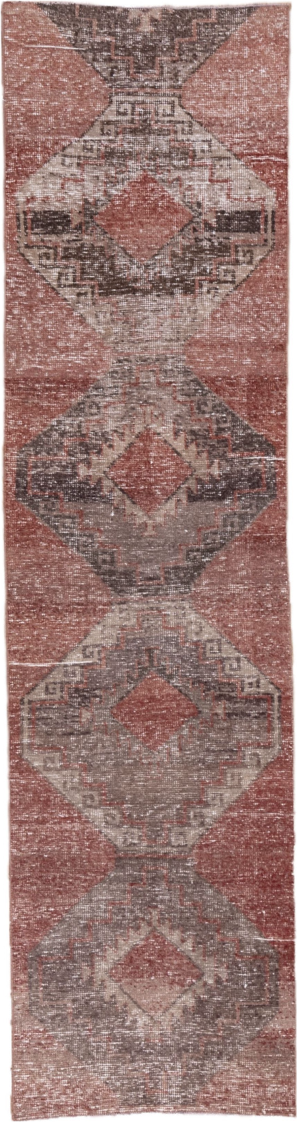 2' x 10' one-of-a-kind handmade vintage Oushak runner rug. Color palette: brown, gray, light gray, off-white, pink, red