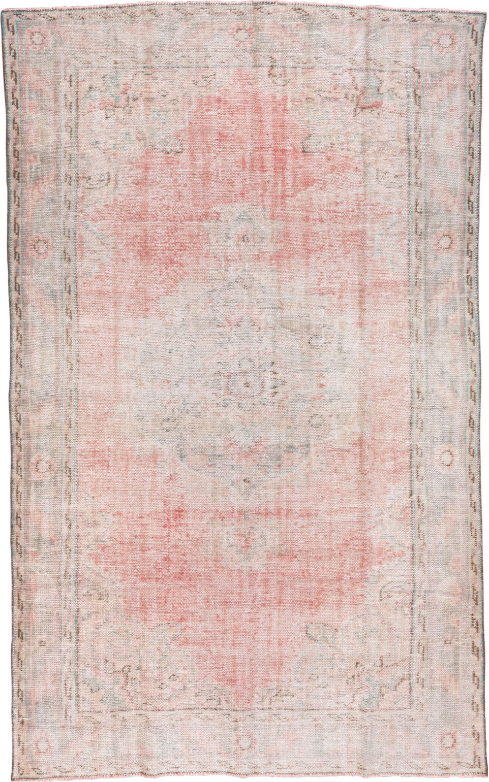 6' x 9' one-of-a-kind handmade vintage Oushak medium size rug. Color palette: dark gray, gray, light gray, linen, misty rose