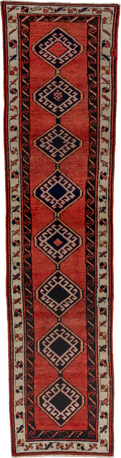 2' x 9' one-of-a-kind handmade vintage Sarab runner rug. Color palette: black, brown, gray, off-white, pink, red, snow