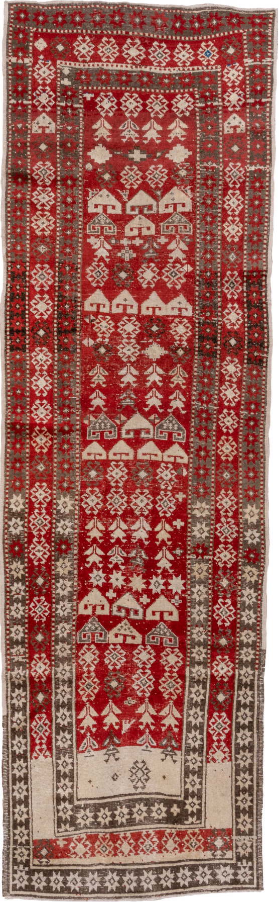 4' x 13' one-of-a-kind handmade vintage Caucasian runner rug. Color palette: brown, gray, pink, red
