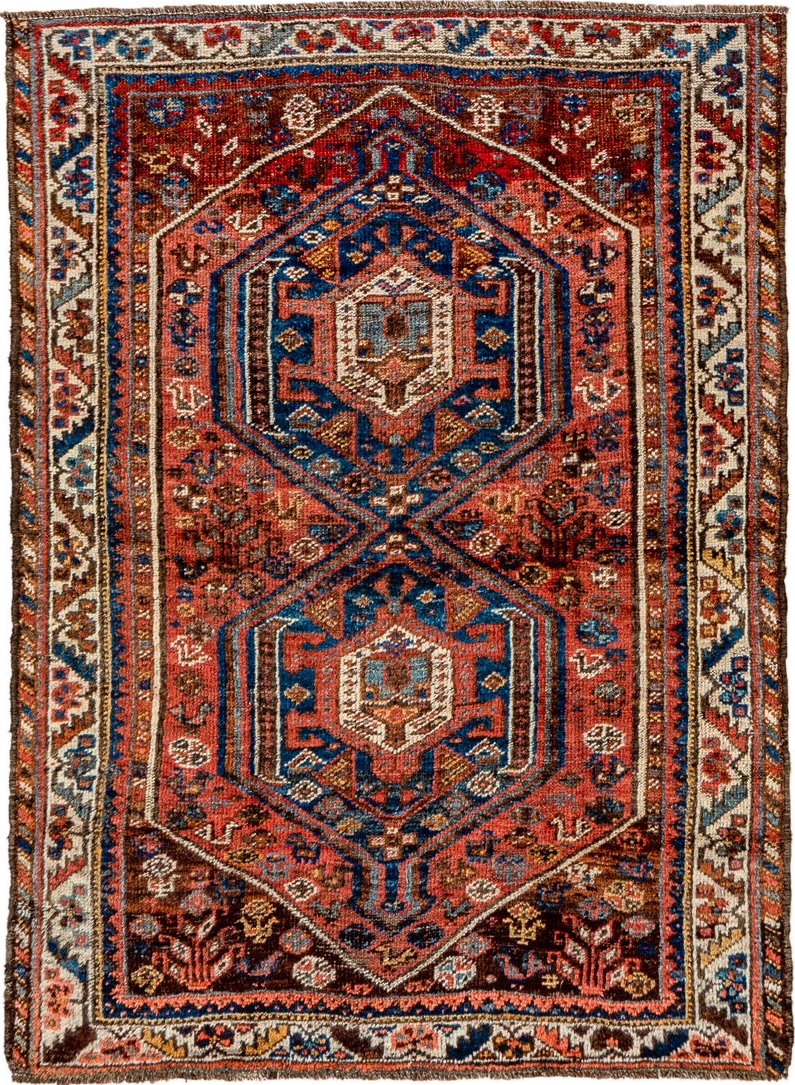 3' x 4' one-of-a-kind handmade vintage Shiraz small size rug. Color palette: gray, red, brown, pink, blue, off-white, fiord