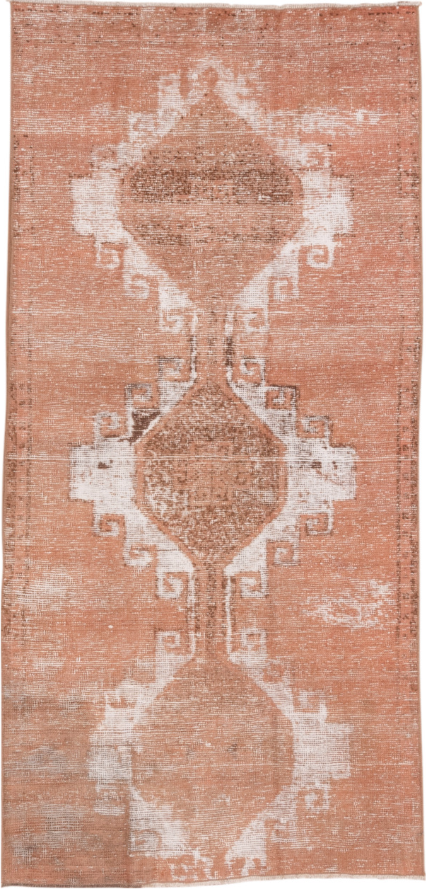 3' x 7' one-of-a-kind handmade vintage Overdyed runner rug. Color palette: brown, gray, light gray, off-white, pink, snow