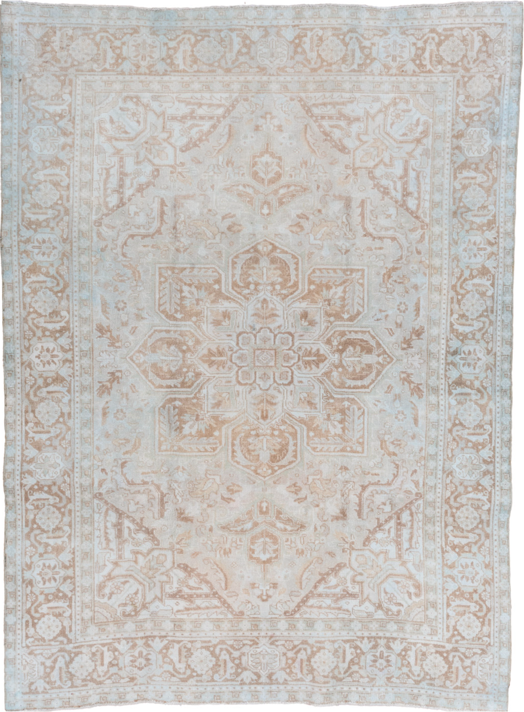 7' x 9' one-of-a-kind handmade vintage Heriz rug. Color palette: gainsboro, gray, light gray, off-white, pink, silver, snow