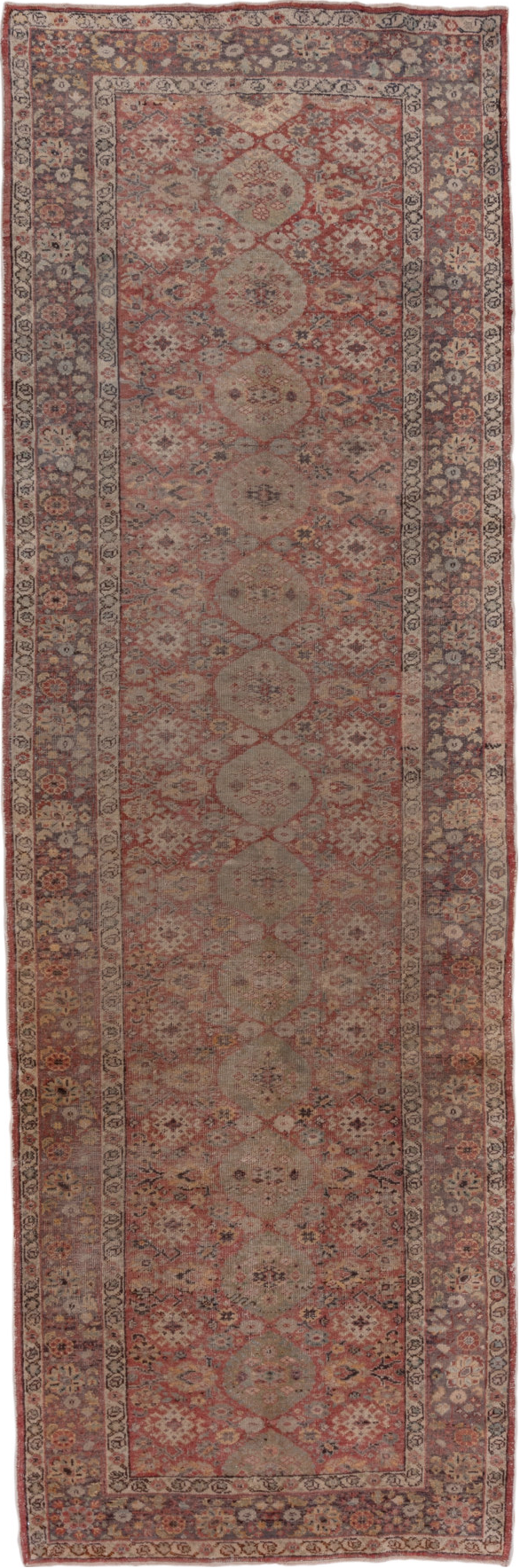 4' x 12' one-of-a-kind handmade vintage Oushak runner rug. Color palette: brown, gray, light gray, off-white, pink, red