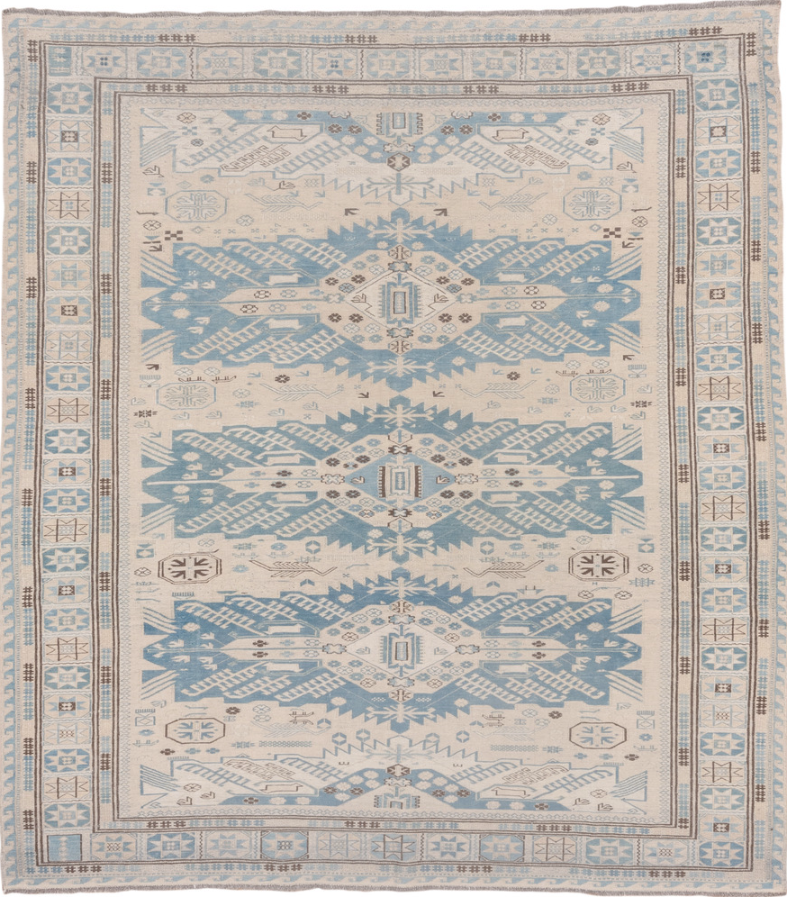 7' x 7' one-of-a-kind handmade vintage Sumak rug. Color palette: gray, off-white, light gray, blue, light blue, pink