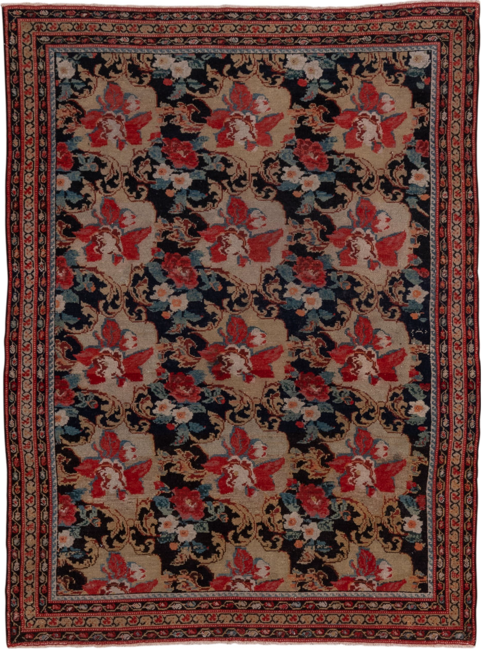 4' x 5' one-of-a-kind handmade vintage Malayer small size rug. Color palette: black, brown, gray, pink, red