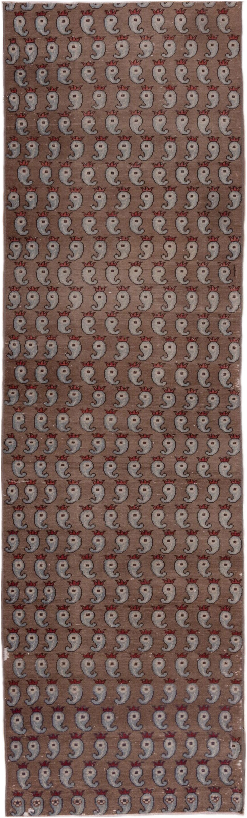 2' x 8' one-of-a-kind handmade vintage Oushak runner rug. Color palette: brown, gray, off-white, pink, red, snow, white