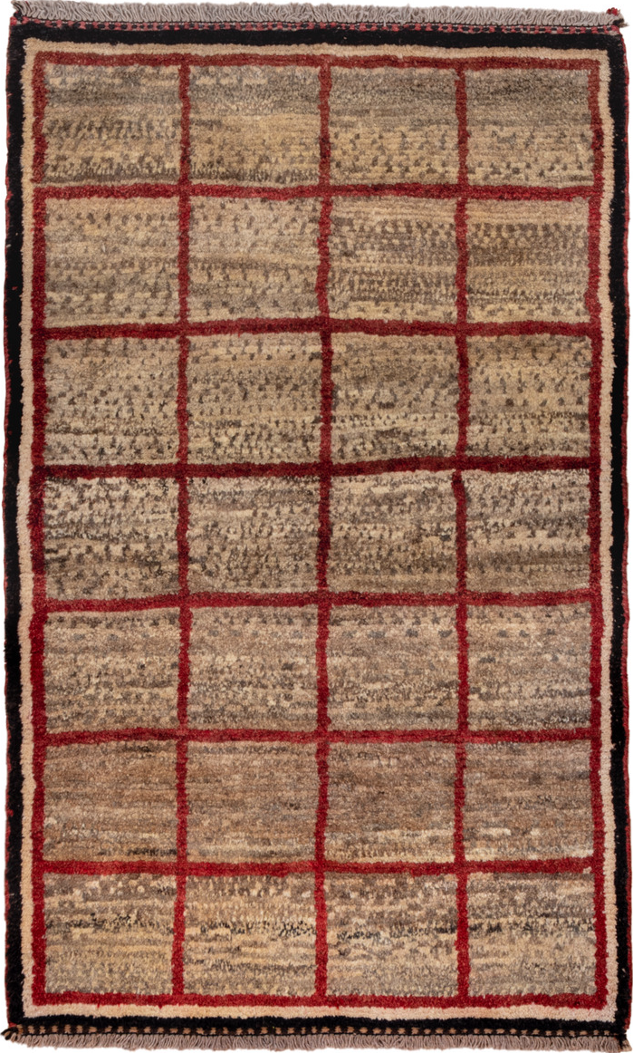 3' x 5' one-of-a-kind handmade vintage Gabbe small size rug. Color palette: brown, red, pink, tan