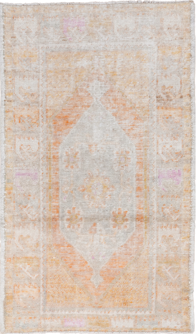 2' x 4' one-of-a-kind handmade vintage Oushak small size rug. Color palette: gray, light gray, off-white, brown, pink