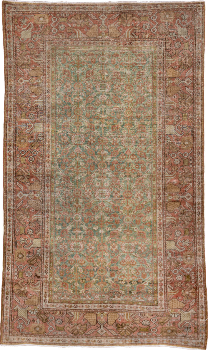 4' x 6' one-of-a-kind handmade vintage Farahan small size rug. Color palette: gray, brown, pink