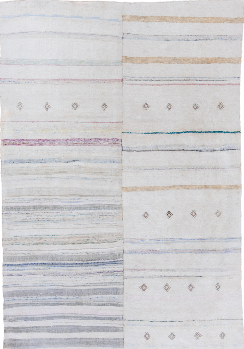 6' x 9' one-of-a-kind handmade vintage Rag Rug medium size rug. Color palette: gray, light gray, blue, off-white, dark gray