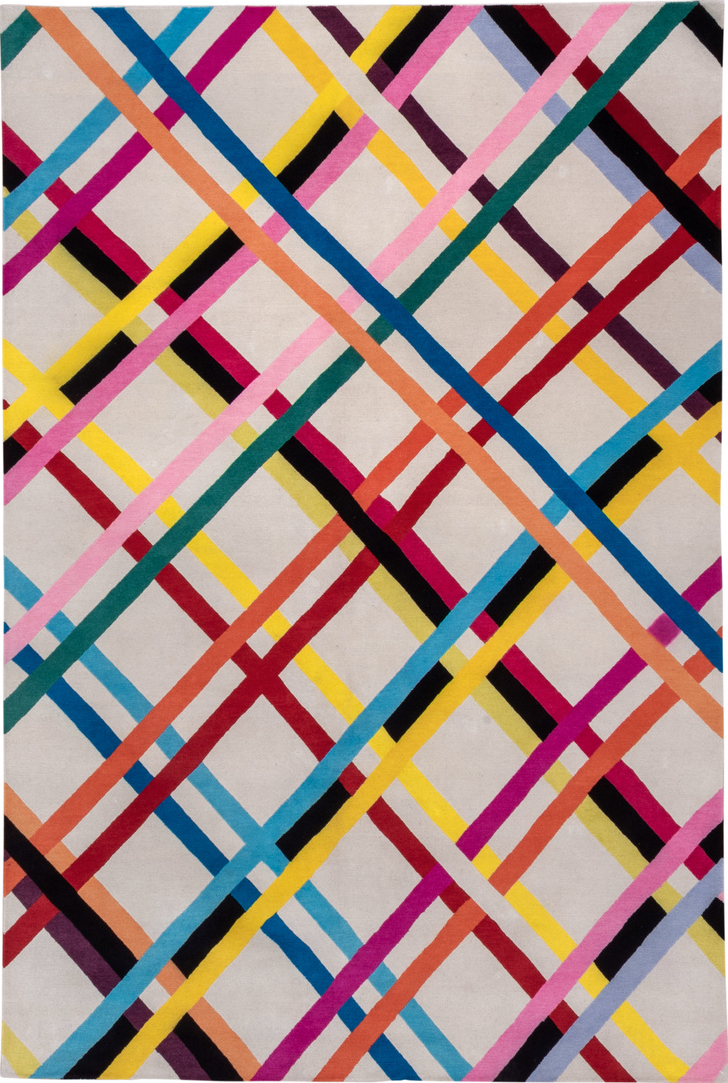 6' x 9' one-of-a-kind handmade vintage  medium size rug. Color palette: blue, black, pink, yellow, gray, off-white, red