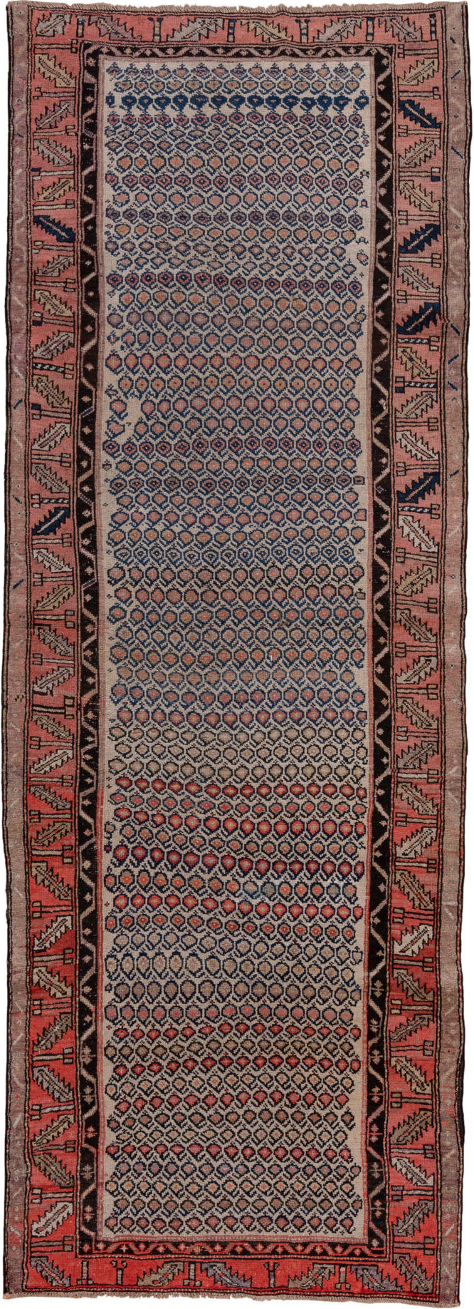 4' x 10' one-of-a-kind handmade vintage Malayer runner rug. Color palette: black, blue, brown, charcoal, gray, pink, red