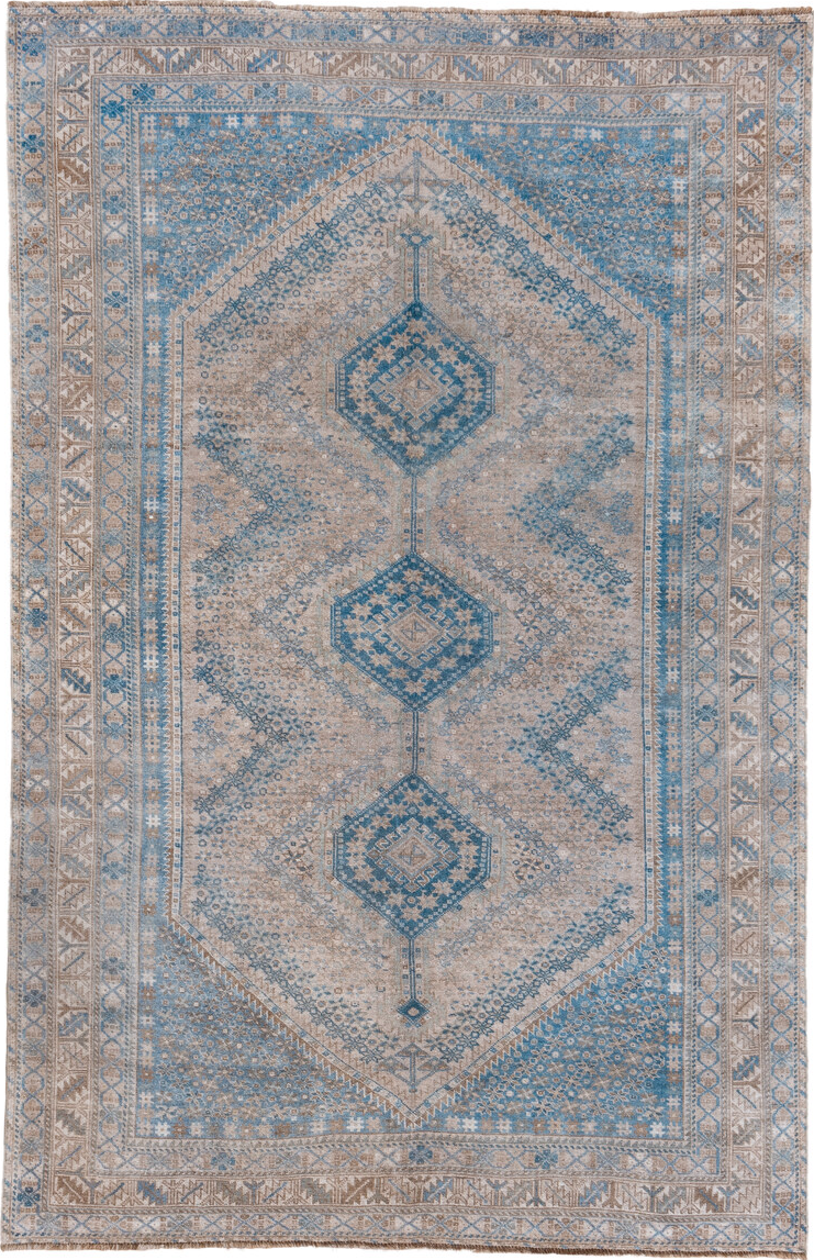 6' x 10' one-of-a-kind handmade vintage Shiraz large size rug. Color palette: gray, blue, light gray, off-white, pink
