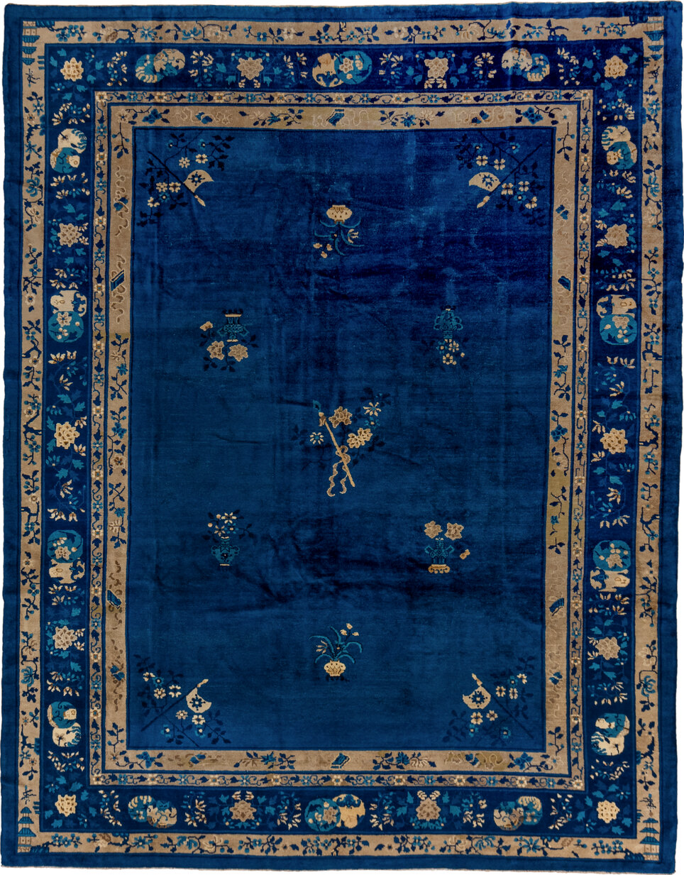 9' x 12' one-of-a-kind handmade vintage Chinese large size rug. Color palette: blue, gray, brown, tan