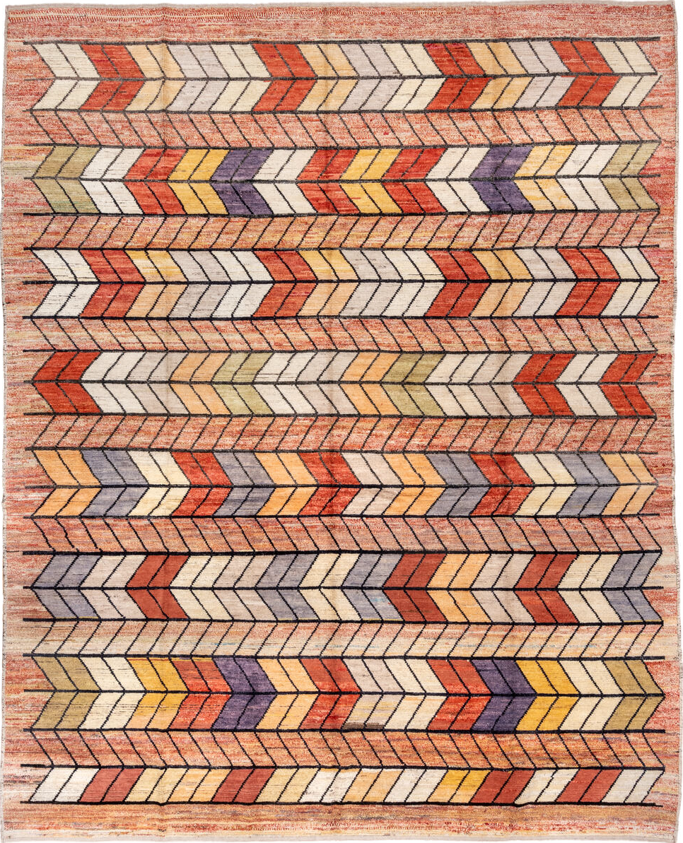 9' x 12' one-of-a-kind handmade vintage Tulu large size rug. Color palette: gray, brown, pink, red, orange, yellow, black