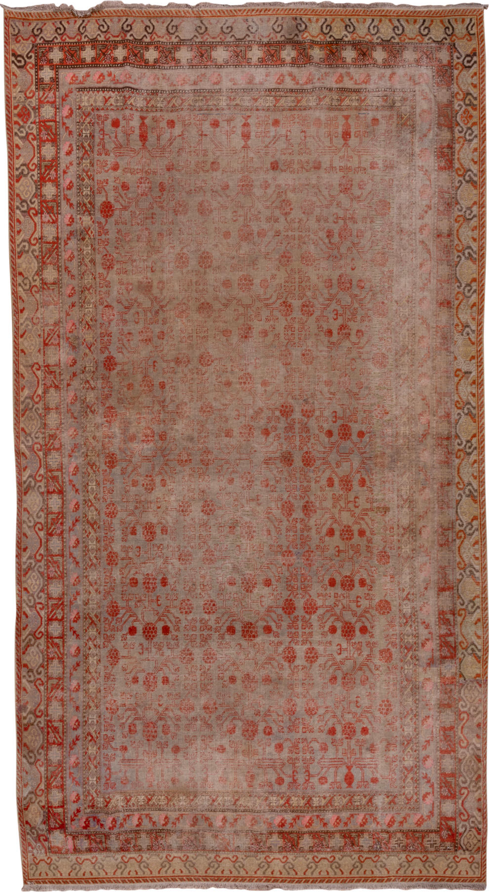 8' x 15' one-of-a-kind handmade vintage Khotan rug. Color palette: brown, pink, red