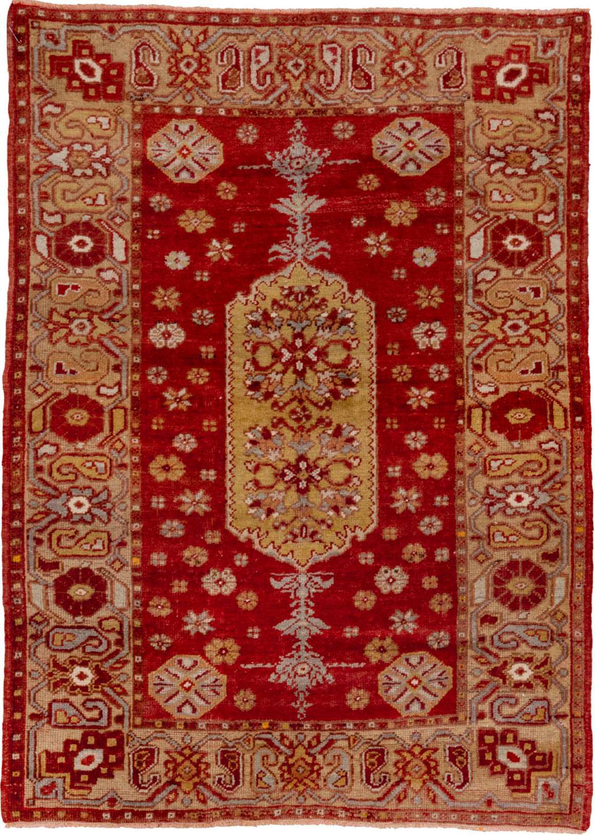 3' x 5' one-of-a-kind handmade vintage Oushak small size rug. Color palette: brown, red, pink, sienna, fire brick, dark red