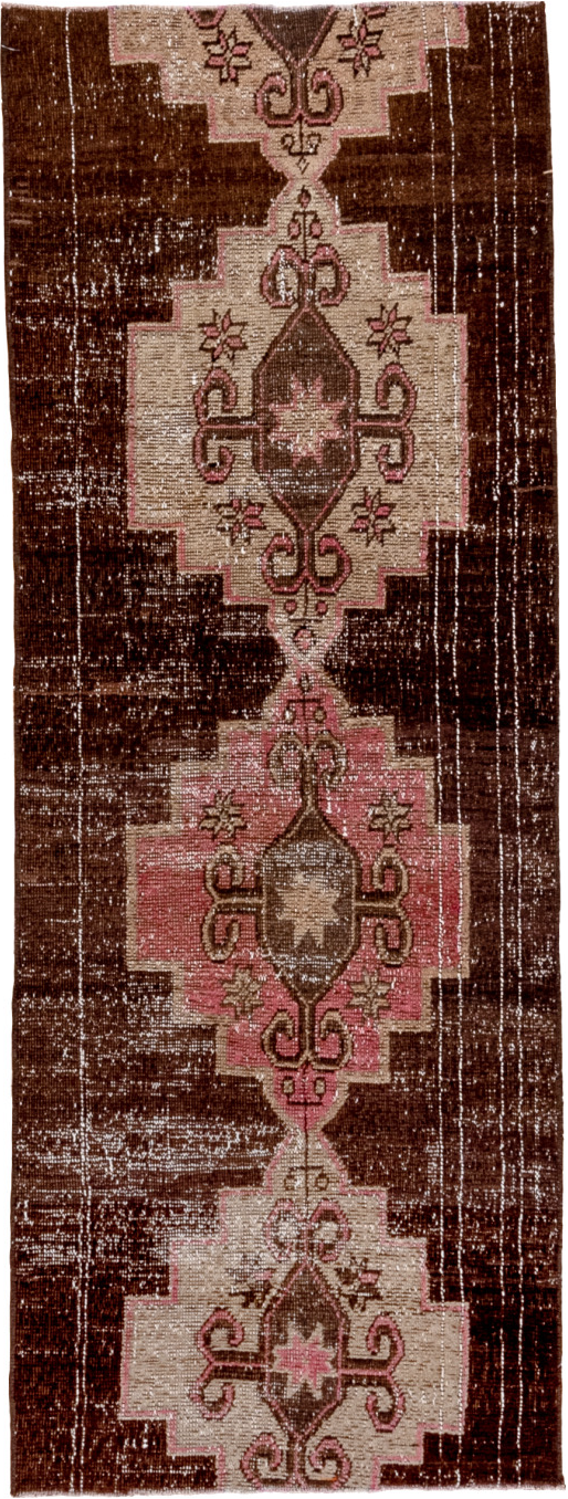 2' x 7' one-of-a-kind handmade vintage Kars runner rug. Color palette: black, brown, gray, light gray, off-white, pink